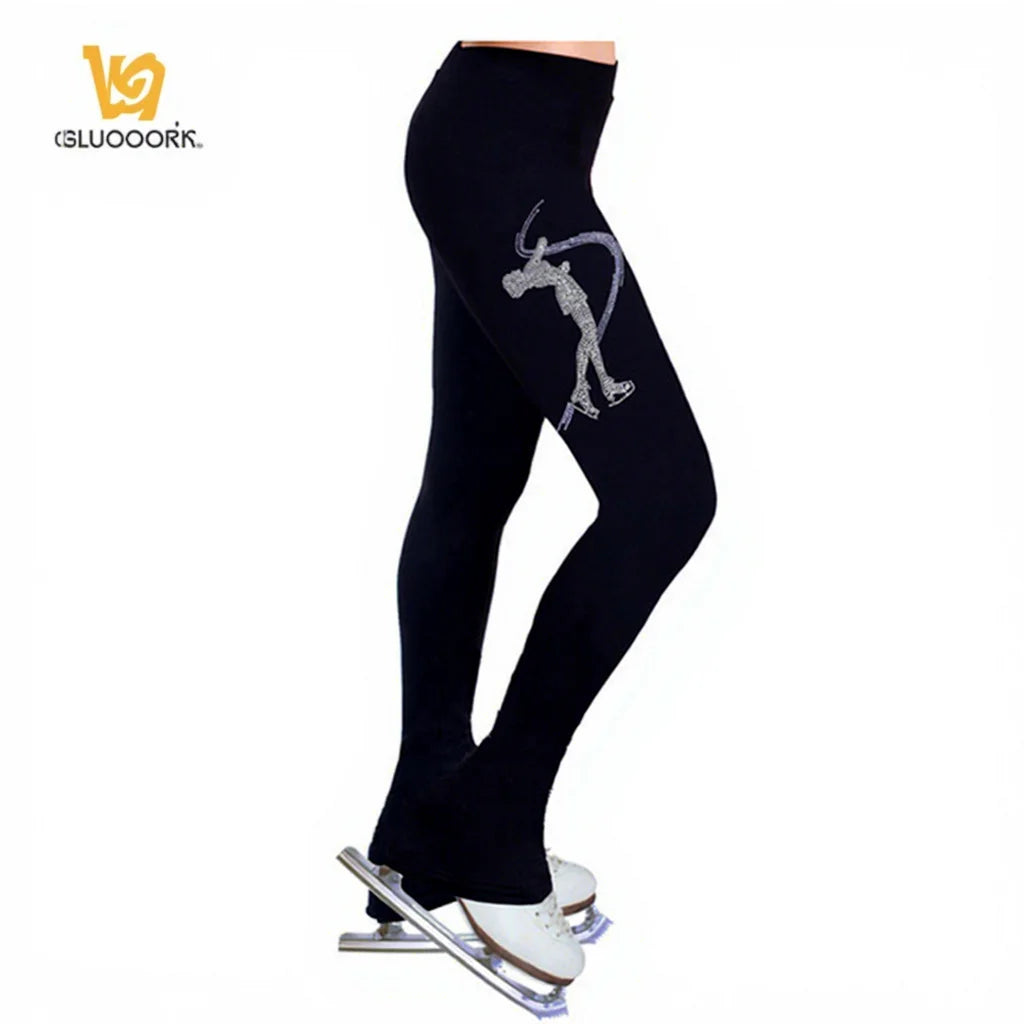 LIUHUO Black Figure Skating Training Pants with Rhinestone Skater Embellishments & Slim Fit Design