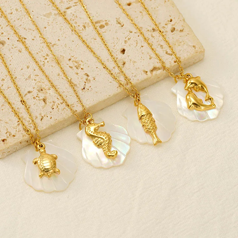 Girls Trendy Imitation Pearl Stainless Steel Link Chain Turtle Star Fish Necklace for Anniversary