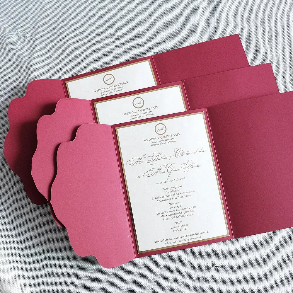 Unique Burgundy Red Pocket Envelope Wedding Invitations Marriage Invite Cards Opening Ceremony Invitation with Gold Foiling Edge