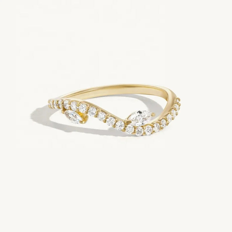 LOZRUNVE 925 Silver Gold Vermeil Pave CZ Marquise Wave Band Finest Quality Ring Stacking Jewelry