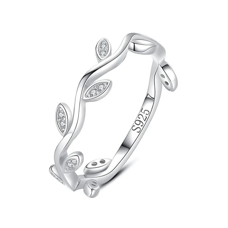 Dainty 925 Sterling Silver Leaf CZ Diamond Women Simple Fashion Zircon Wave Shape Finger Ring