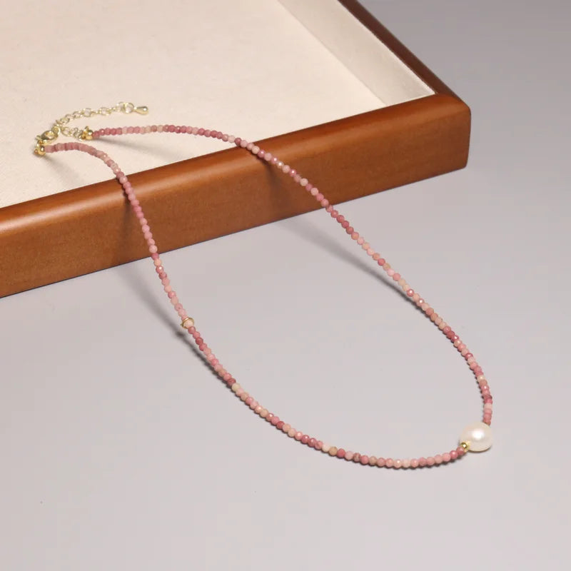 Natural Minimalist Faceted Rhodochrosite Stone Beaded Necklace Choker 14k Gold Chain Pearl Charm Stone Beaded Necklace for Women
