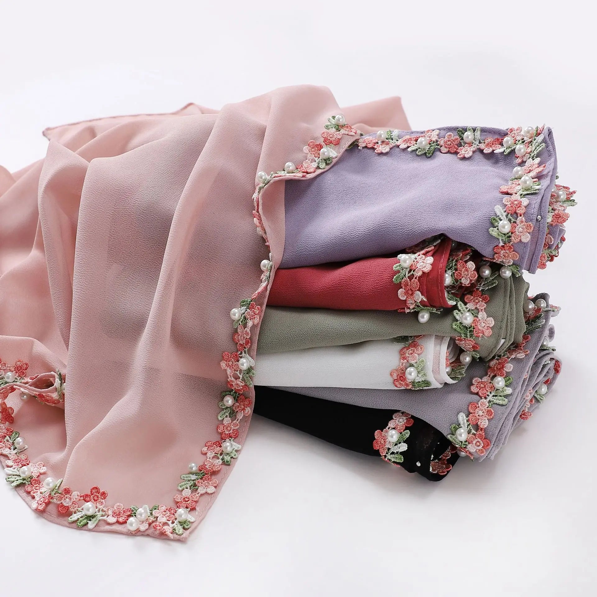 New Women's Cotton Hijab with Chiffon Small Flower Lace Nail Beaded Malaysian Style Polyester Scarf
