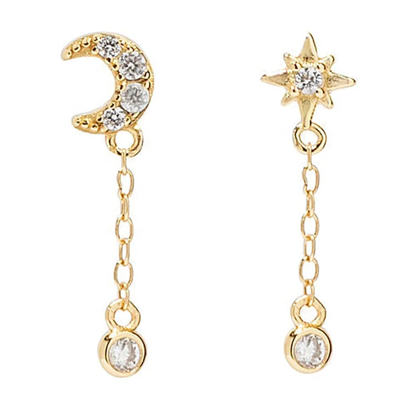 Gemnel 925 Sterling Silver Jewellery Chain Stud Star and Moon Dangle Earrings