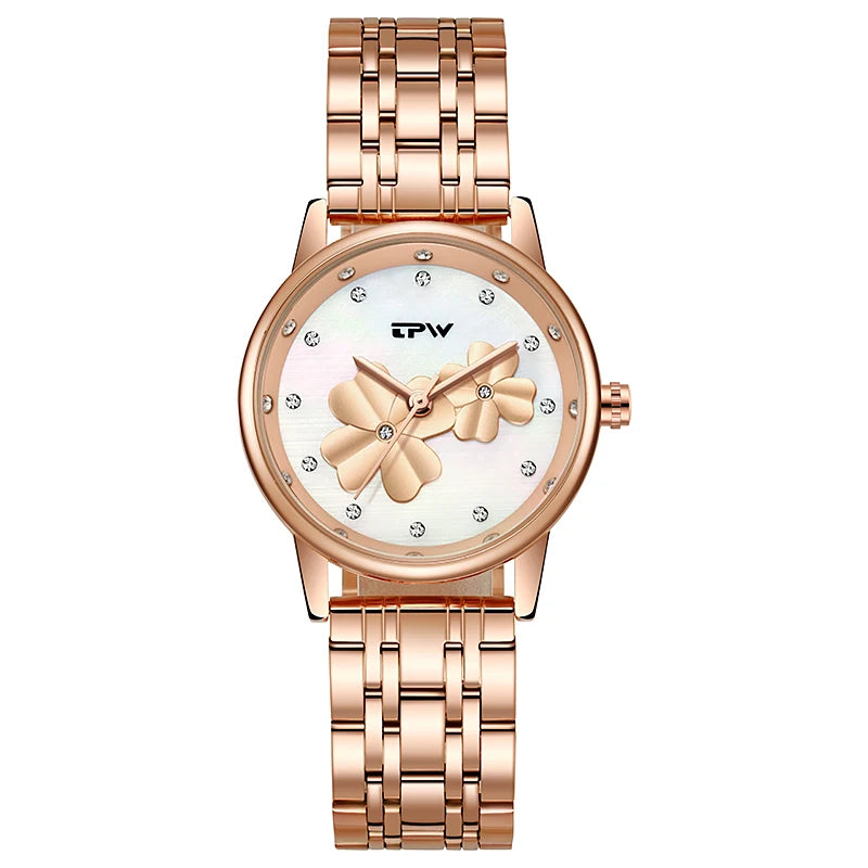 Minimalist 3D Four-leaf Clover Women Watches Ladies Classy Fake Shiny Moissanite Diamond Watch Quartz