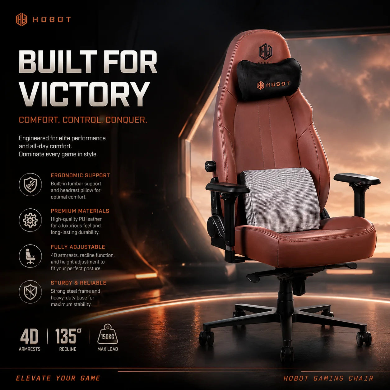 Premium Minimalist  Lumbar Support and Magnetic Headrest Brown Faux Leather Gaming Chair