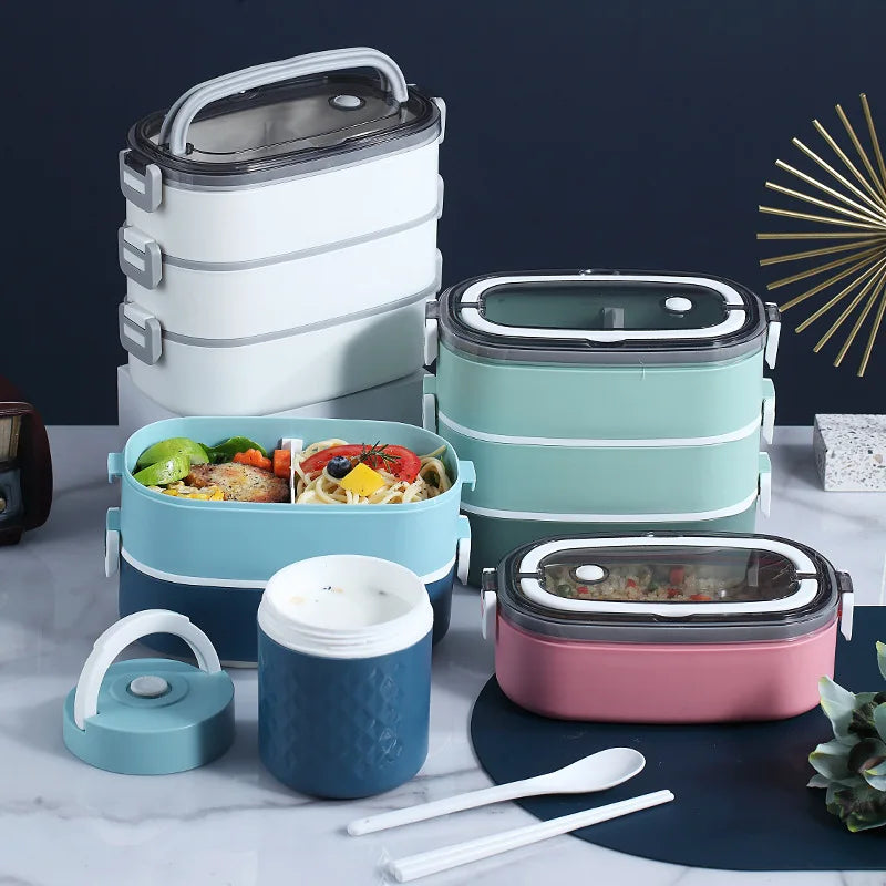 Portable Collapsible Handle Adult & Kids School Bento Lunch Box Rectangle Shape Divided PP Stainless Steel with Cutlery