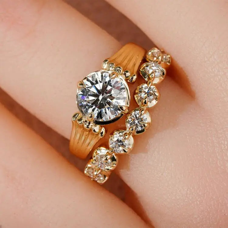 Yellow Gold Diamond Jewelry 1ct Solitaire Lab-Grown HPHT CVD Diamond Ring Set for Engagement Wedding Party Gift