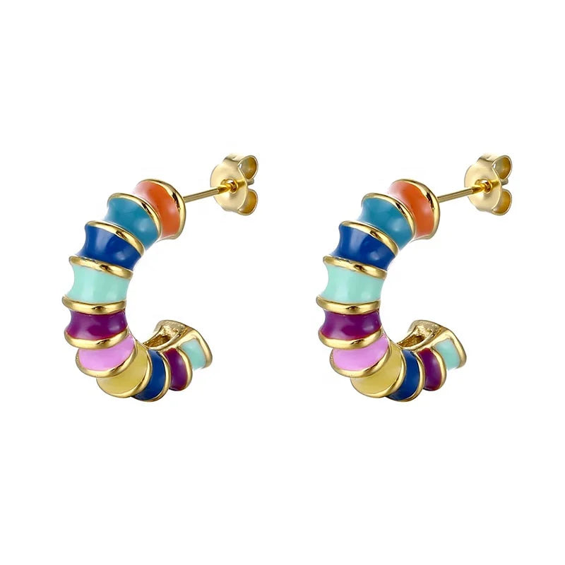 Chic New Design Drip Ring Colorfully Circle Sliver Gold Plated Stainless Steel Bamboo Slivers Hoop Earrings