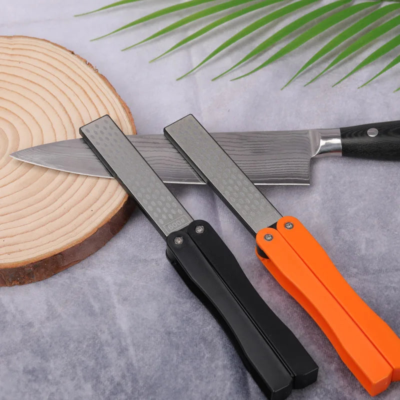 Diamond Knife Sharpener Pocket Sharpening Stone #400/600 Double Sides Folding Portable Orange/ Black