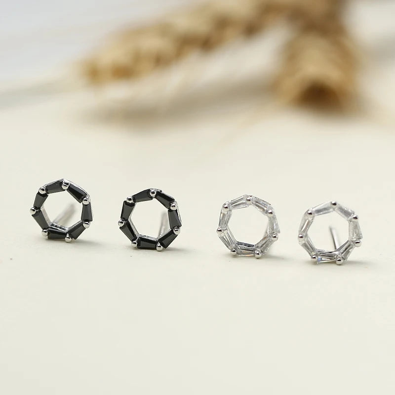 Korean Vintage Geometry Circle 925 Sterling Silver Stud Earrings for Women Zircon Statement Jewelry for Engagement