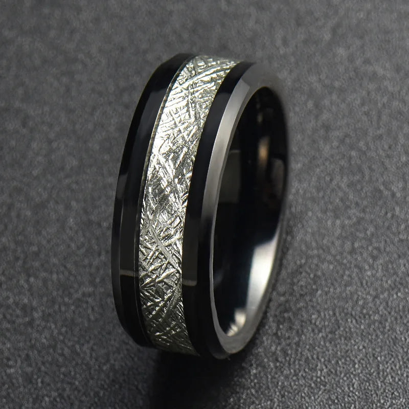 Poya Mens  Meteorite Inlay 8mm Beveled Edge Black Plated Tungsten Ring