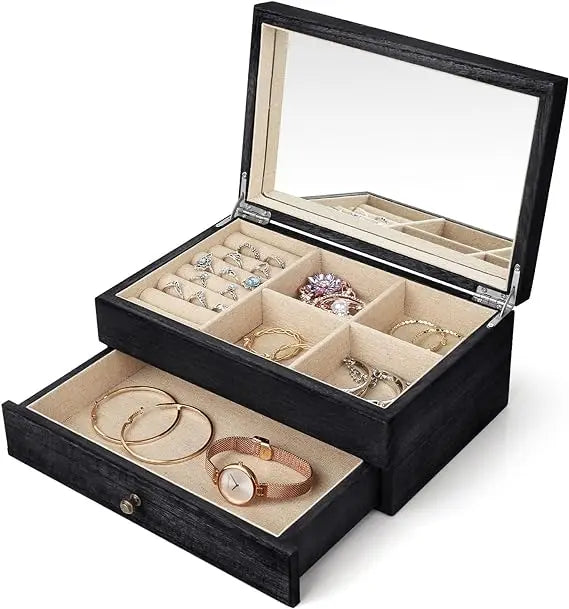 2 Level Large Jewelry Storage Box Rustic Wooden Jewelry Box with Mirror and Ring Tray Necklace Earrings Bracelet Ring Vintage