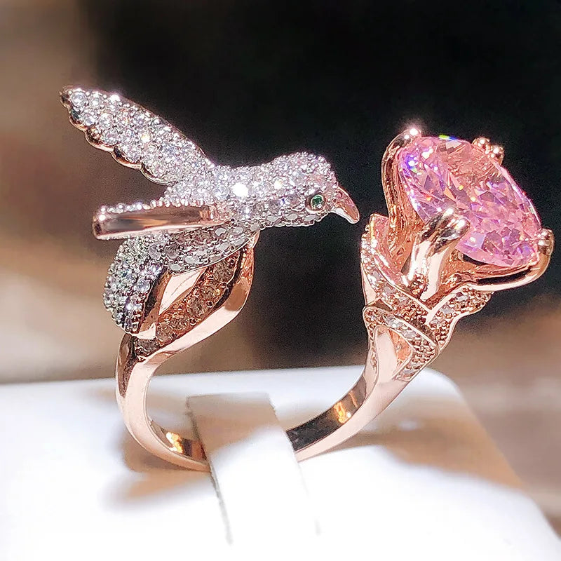 Designer Colorful Treasure Vintage Female Ring Bird Pecking at Gem Santa Maria Aquamarine Hummingbird Opening Ring Jewels Unisex