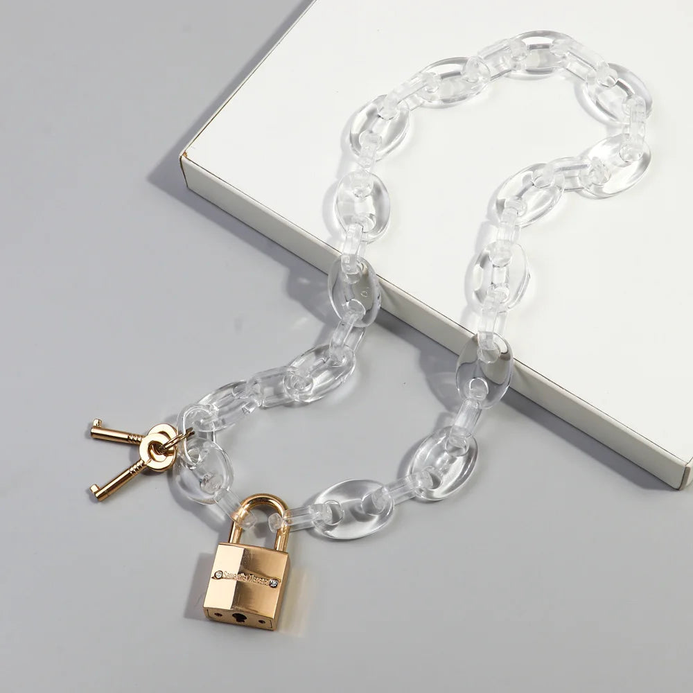 Creative Hip Hop Gold Plated Lock Key Creative Pig Nose Clear Acrylic Chain Punk Man Birthday Gift Necklace Choker for Women
