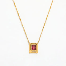 Joolim 18K PVD Gold Plated Waterproof Red Ruby Diamond Rectangle Stainless Steel Pendant Necklace