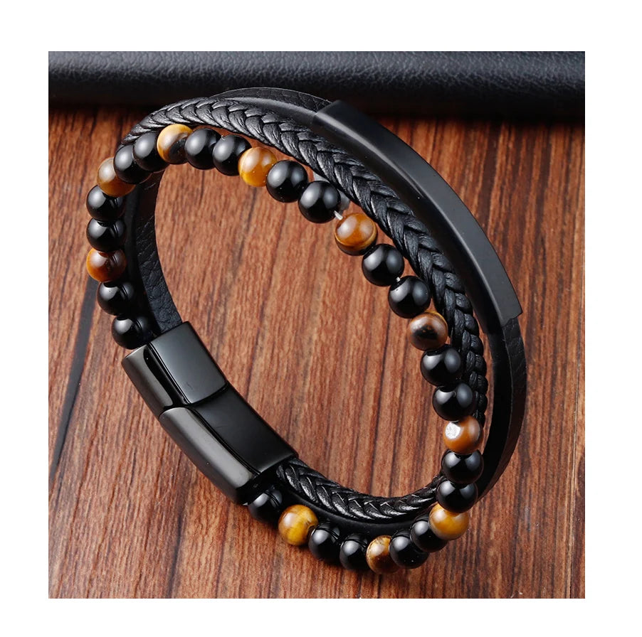 Male Jewelry Luxury Black Hand Chain Stainless Steel Beaded tiger Eye Natural Lava Stone Leather Bracelet for Men Gift Jewelry