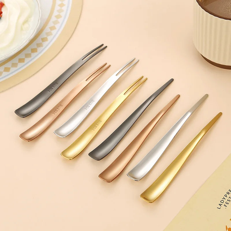 Creative 304 Stainless Steel Sanded Two Tooth Fruit Fork Japanese Dessert Spoon Integrated Dual Purpose Ice Cream Spoon Fork