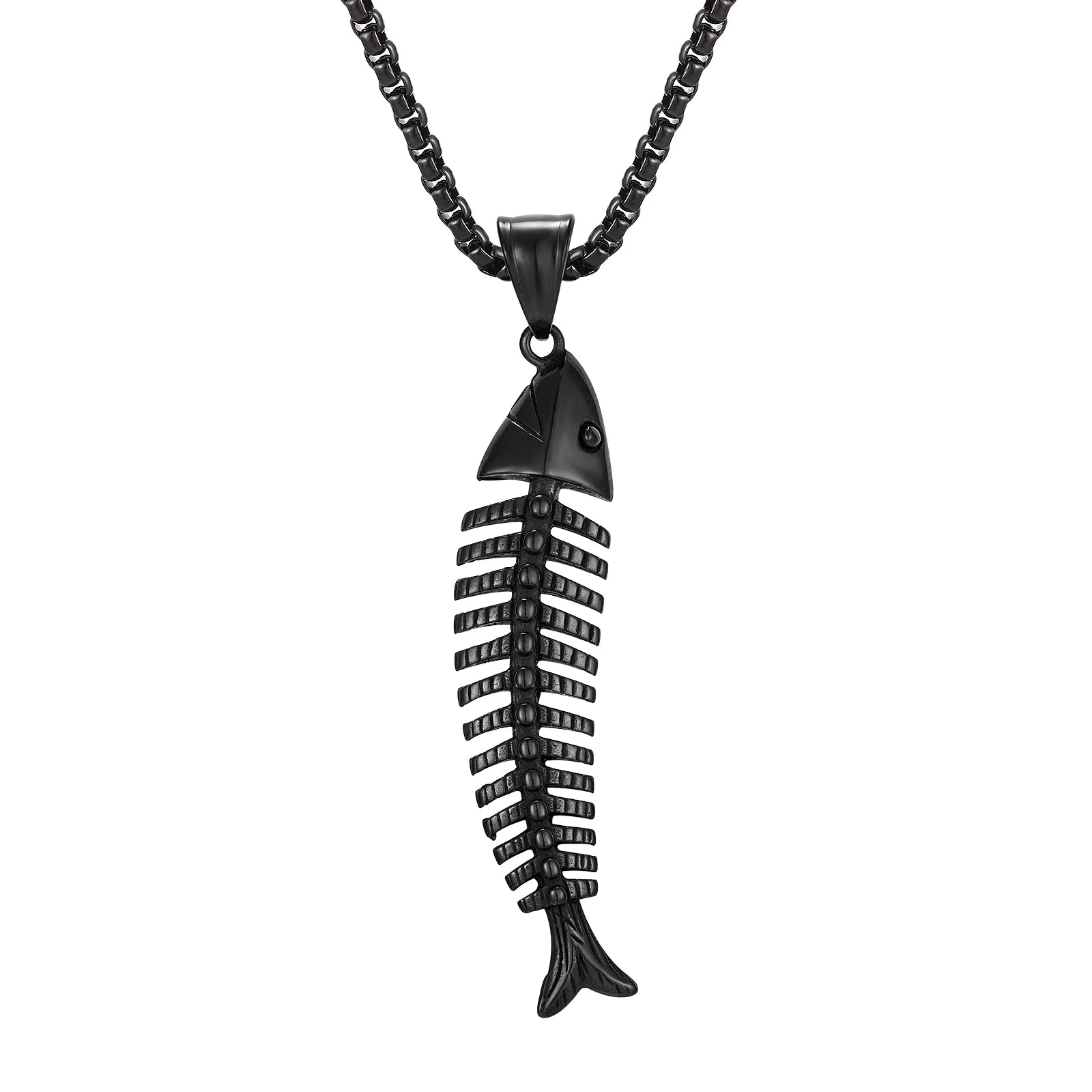 Manufacturer Animal Jewelry Men Black Pendant Box Link Chain Necklace Fish Bone Stainless Steel Man Necklace
