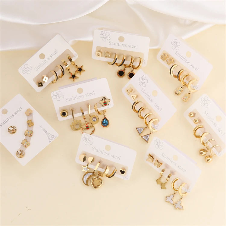 Hot Selling Creative Mix Stud Earring Set Heart/Moon/Bear Stud Earrings Stainless Steel 18k Gold Earring Set