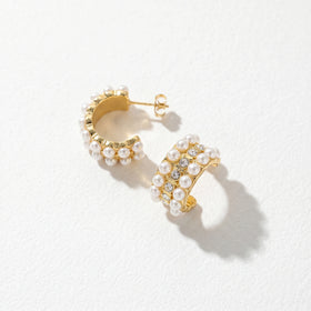 QIAOREN 12269 Elegant Vintage Pearl Crystal Earrings Gold Stainless Steel Chunky C-Hoop Bridal Statement Jewelry Gift