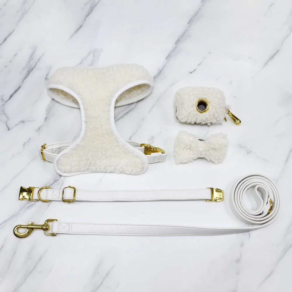 Luxury Double-sided Soft Lamb Fleece No Pull Pet Dog Harness Matching Waterproof PU Leather Collar and Leash