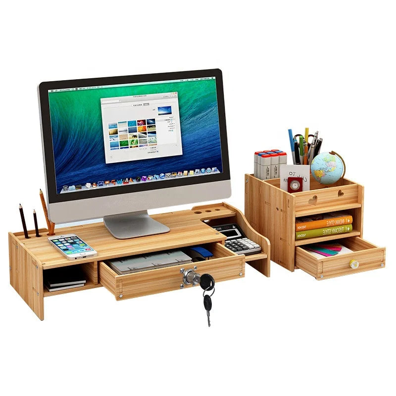 Factory Wholesale Stainless Steel Double Tier Computer Desk Storage Rack Wooden Office Desktop Stand with Easy Installation