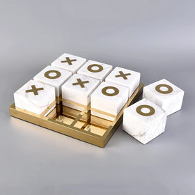 Luxury Marble Tic Tac Toe Game Set with Gold Tray Stylish Coffee Table Knick-Knack for Modern Home Decoration