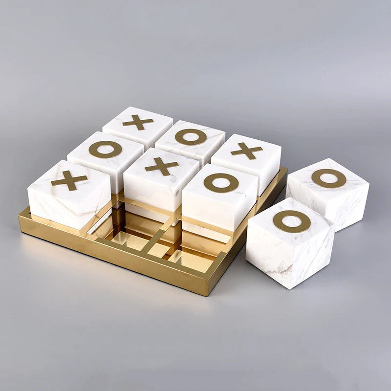 Luxury Marble Tic Tac Toe Game Set with Gold Tray Stylish Coffee Table Knick-Knack for Modern Home Decoration
