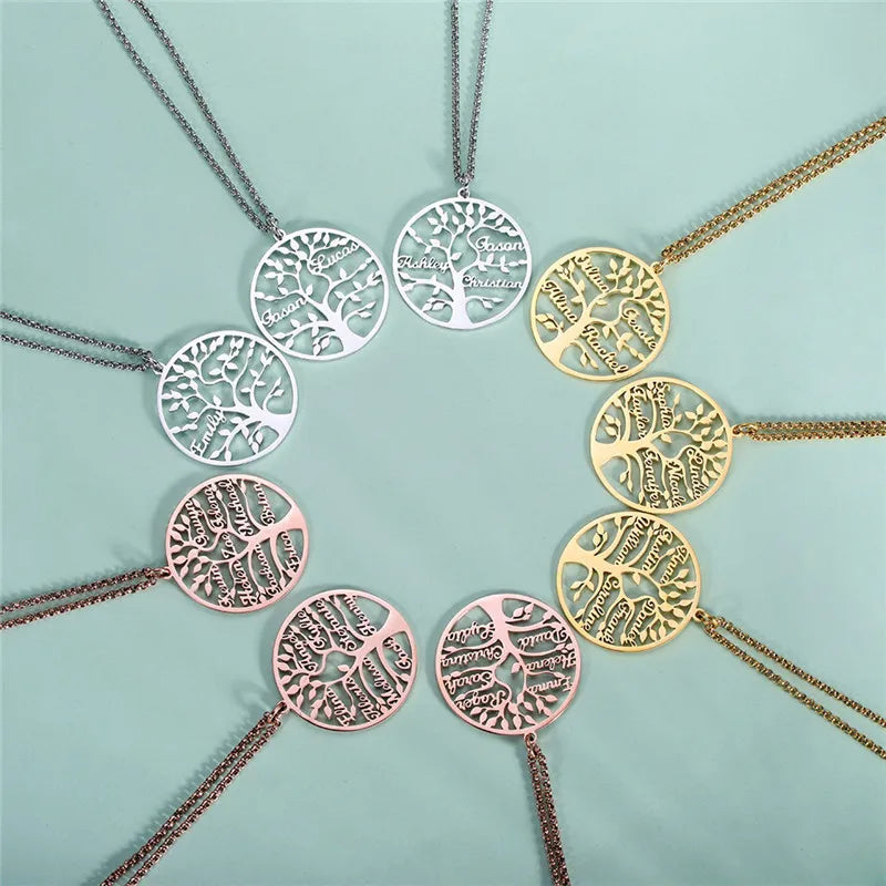 New Hollow Out Engraved Life Tree Pendant Necklace Colorful 18K Gold Plated Stainless Steel Twist Link Chain Necklace for Women