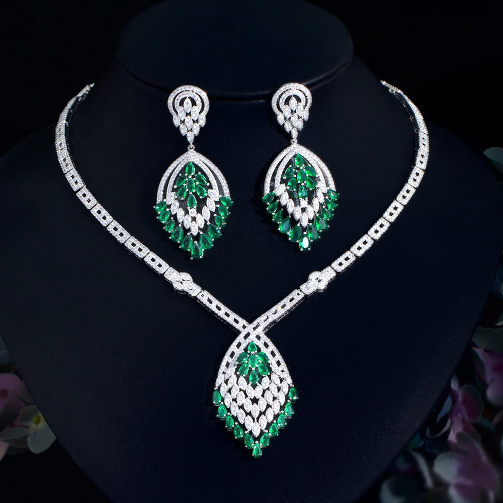 Big Chunky Dangle Drop Green Cubic Zirconia Fringed Chandelier Bridal Wedding Dubai Earring Necklace Jewelry Set