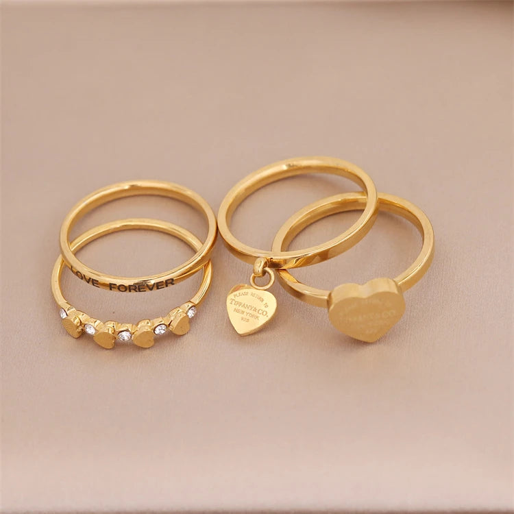 Bohemian Jewelry Women Fashion Stainless Steel 18k Gold Plated Love Heart Shape Stacking Rings