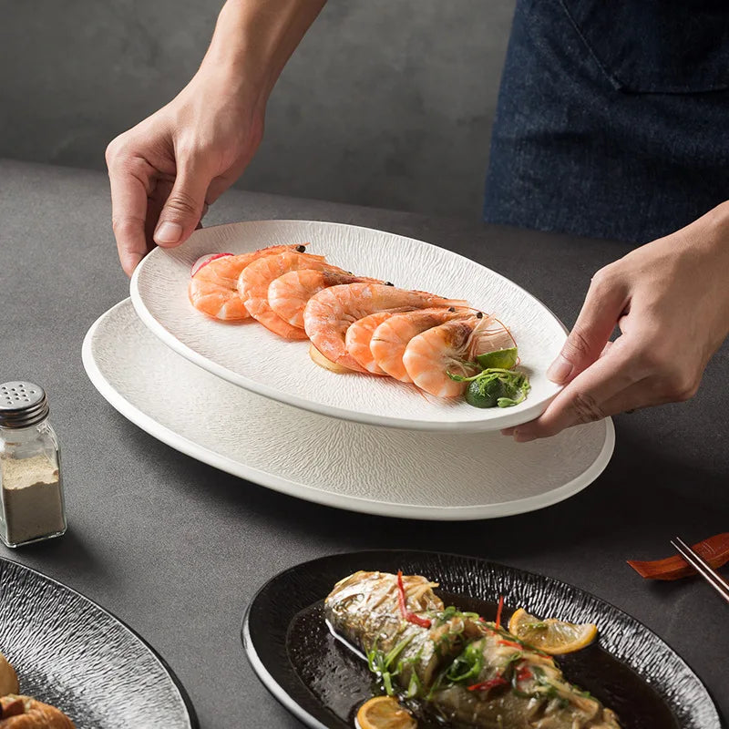 Embossed Ceramic Fish Plate Oval Pasta Spaghetti Salad Dessert Sushi Serving Show Plate Platter Restaurant Dinnerware Tableware