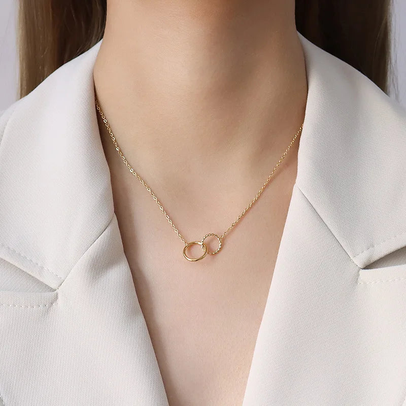 Fashion Design Double Circle Pendant Gold Plated Stainless Steel Chain Chokers Necklace for Women