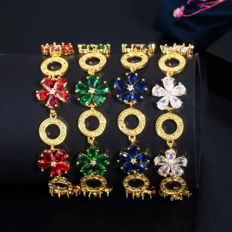 Lovely Round Flower Chain Link Green Cubic Zircon Stone Bracelet for Women African Dubai Gold Plated Party Wedding CZ Jewelry