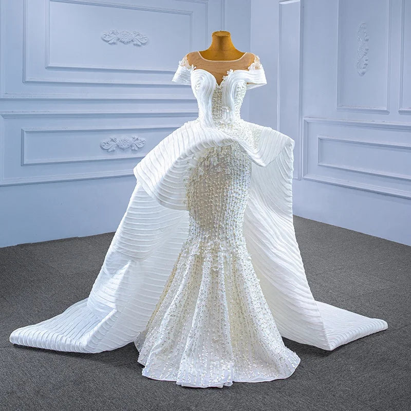 Jancember Rsm67359  Ladies Luxury and Elegant Pearl Applique Lotus Leaf Fishtail Long Tail Wedding Dress