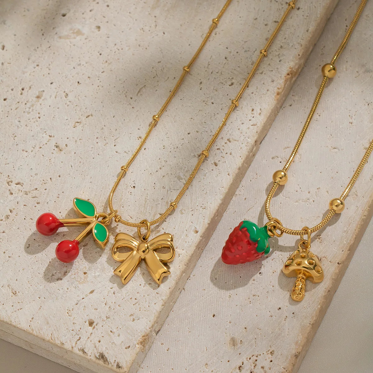 DAIHE Dainty Cute Colorful Strawberry Cherry Pendant Necklace 18K Gold Plated Stainless Steel Geometric Mushroom Necklace