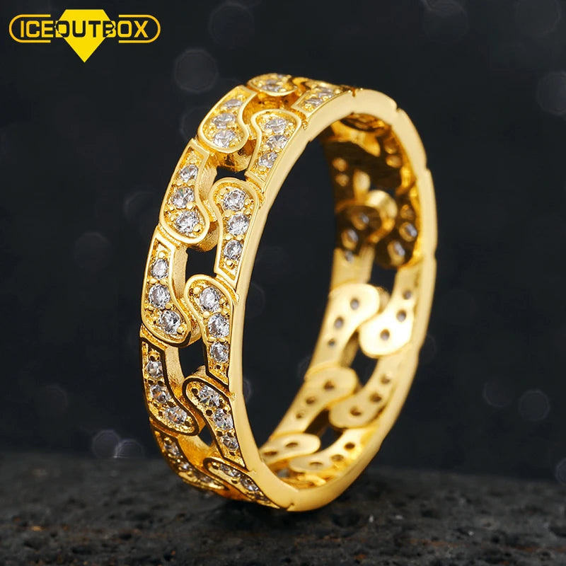 Men's Women's Gold Plated Bras AAAAA CZ Diamond Iced Out Cuban Chain Ring Gold Plated Rotating Hip Hop Ring