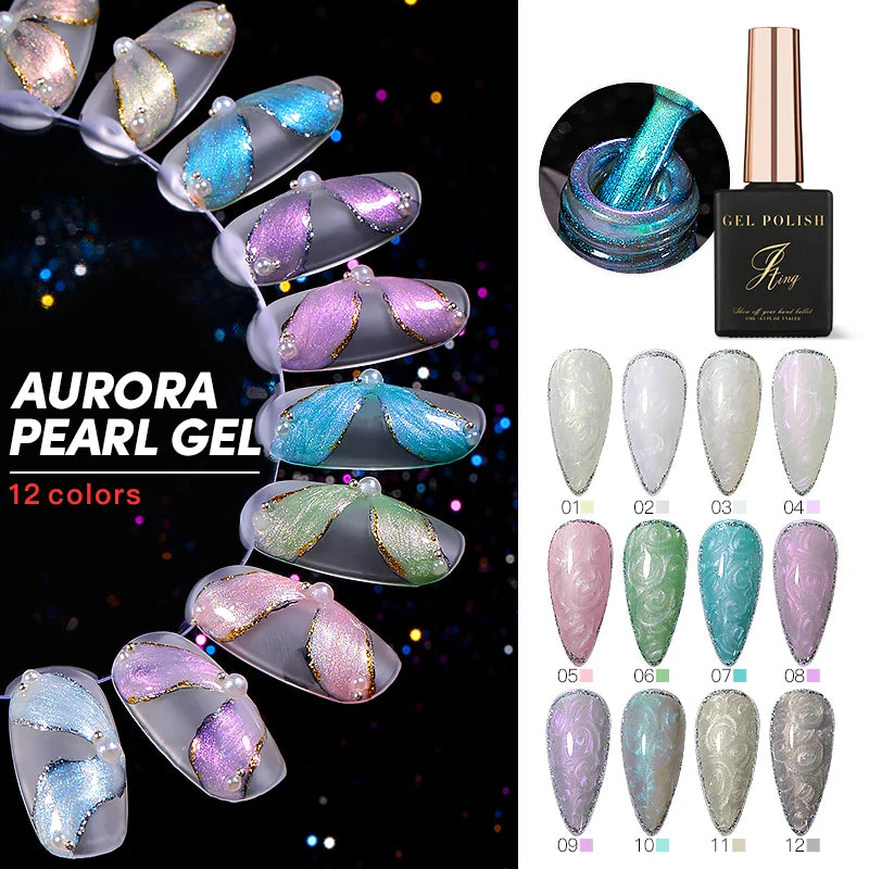 JTING Hot Popular 12 Colors Sparking Aurora Pearl Nail Gel Polish OEM Private Label Pearl Powder Nail Art Uv Gel Polish Set