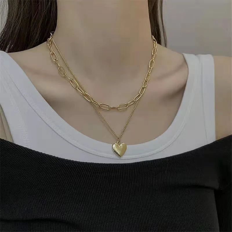 Fashion Stainless Steel Layered Link Chain Lock Necklace 18k Gold Plating Curb Chain Love Lock Necklace Jewelry