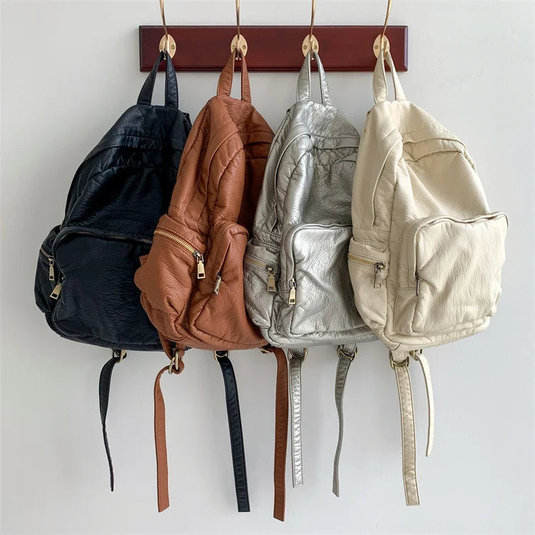 Wholesale Simple Multiple Pockets Women's Backpacks Laptop Bag Travel Sports Waterproof Zipper PU Leather Backpacks for Girl