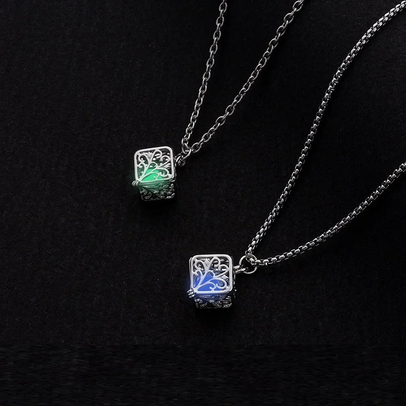 Hollow Square Tree of Life Luminous Beads Pendant Silver Chain Necklace Female Clavicle Chain Creative Jewelry for Girls