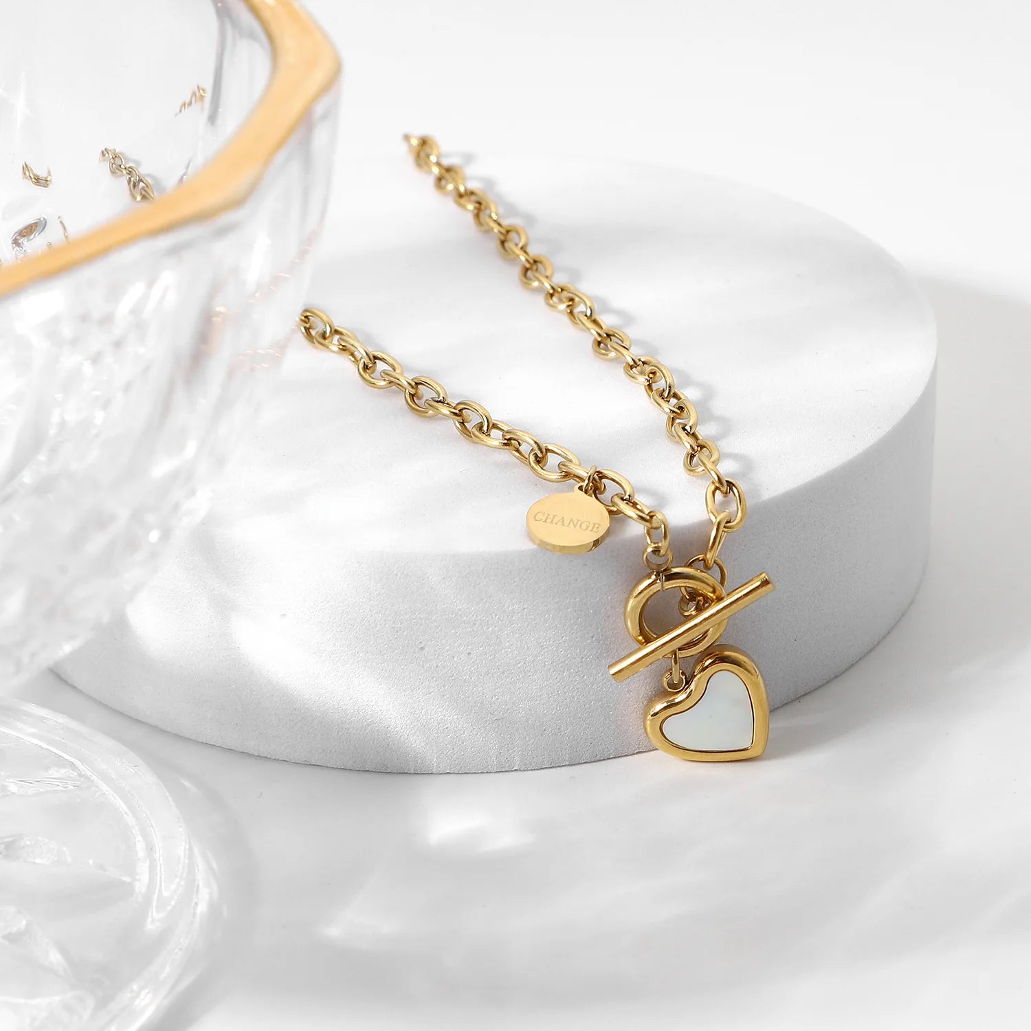 14K Gold Plated Stainless Steel Trendy Link Chain Heart Charm Necklace with Colorful Pendant for Engagement Wedding & Gift