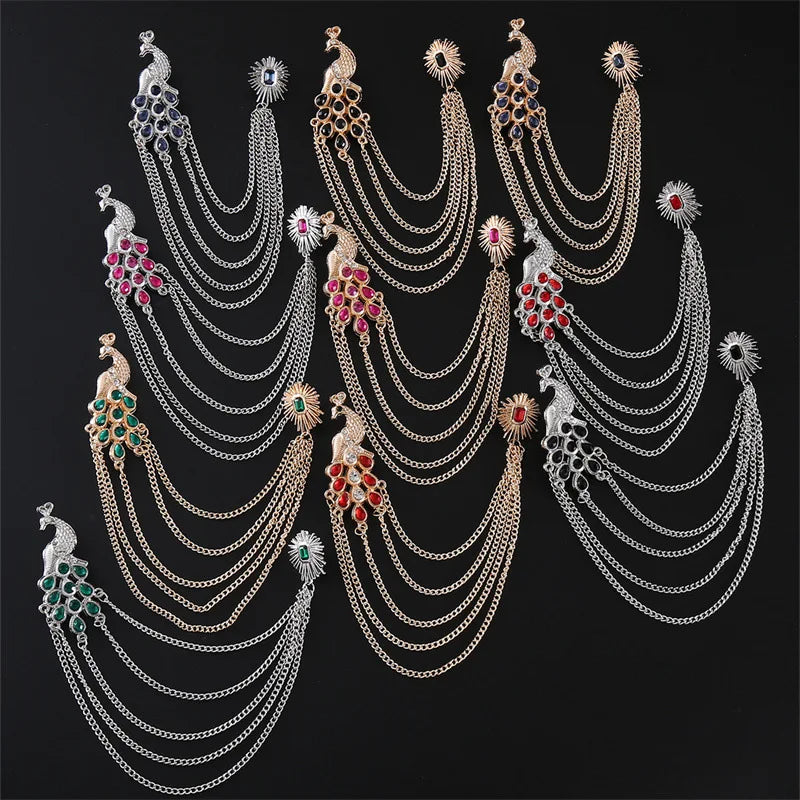 Retro Peacock Brooch with Suit Tassel Chain Fashionable Retro Style Brooches for Men and Women