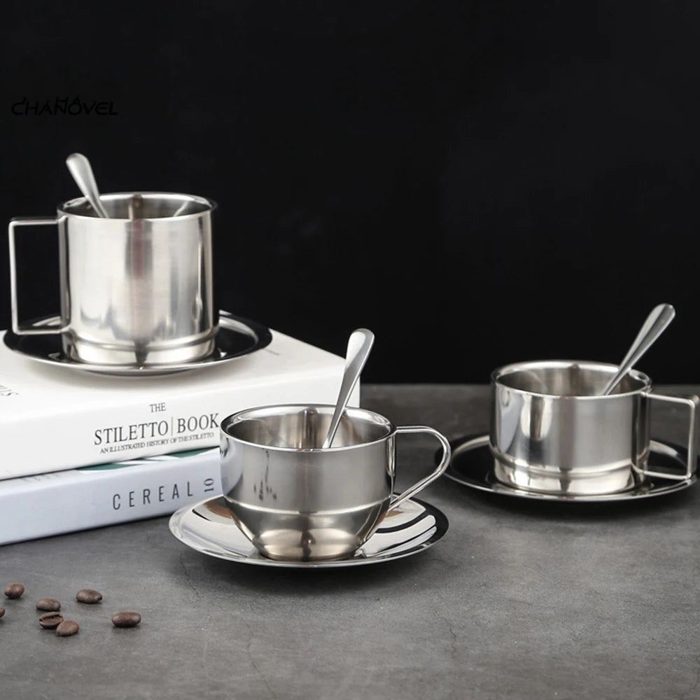 Lihong Wholesale Custom logo Water Milk Tea Mug Cup Reusable Tea Cups Saucers Stainless Steel Coffee Cup Set with Soup Ladle