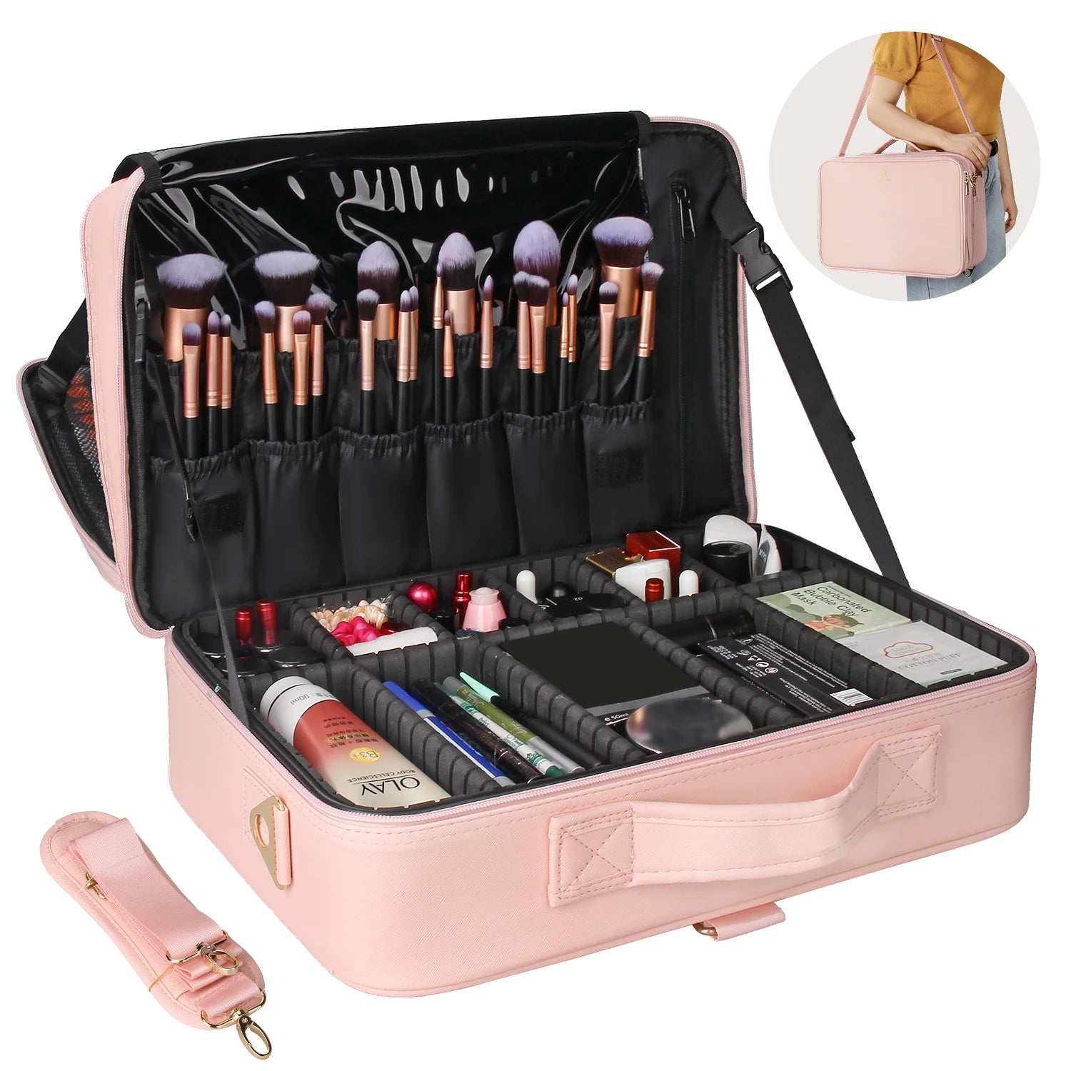 Relavel Professional Travel Makeup Case Pink PU Leather Large Capacity Cosmetic Bags Makeup Organizer with Divider for Artists