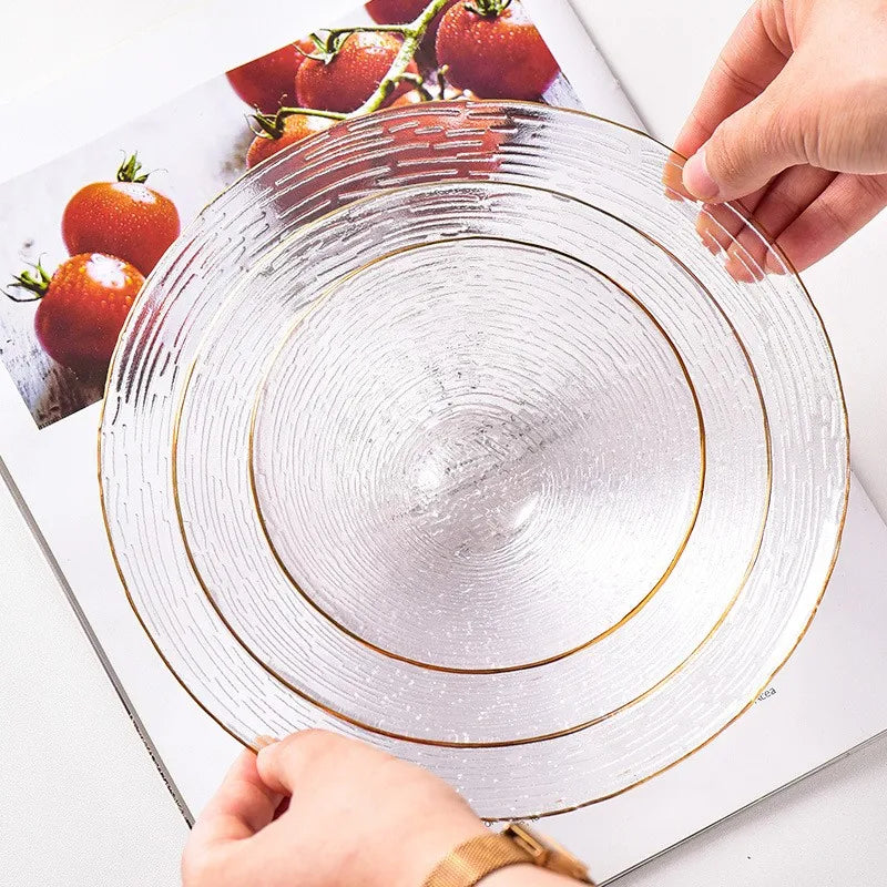 Transparent Crystal Glass Round Charger Plate and Bowl Set Dessert Dish for Party Classic Style Stocked