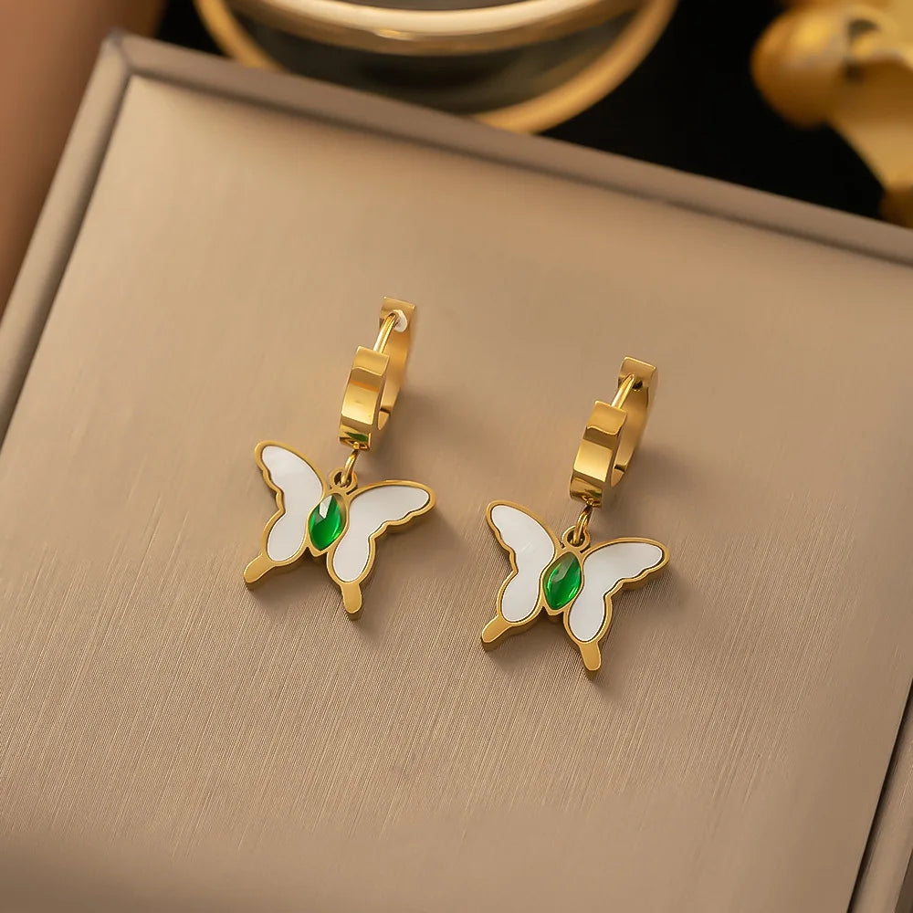Fashion 18K Gold Plated White Shell Butterfly Hoop Earrings 316L Stainless Steel Emerald Butterfly Women Earrings