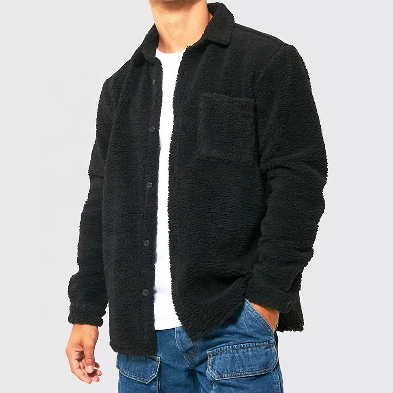 New Arrival Blank Design Polyester Heavyweight Teddy Sherpa Men Jackets With Buttons Pocket Men Overshirt Fleece Jackets