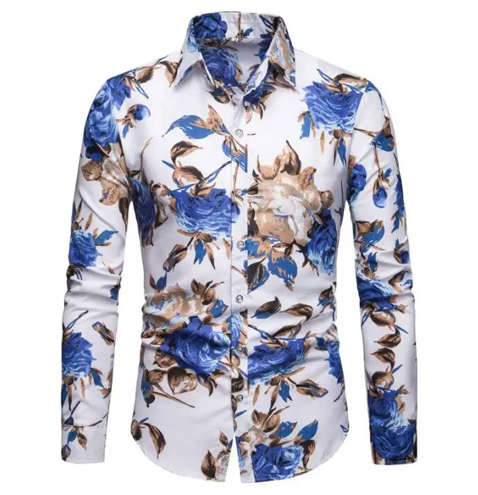 Spring and Autumn Men's Long Sleeved Printed Shirt New Fashion Men's Cardigan Lapel Flower Shirts